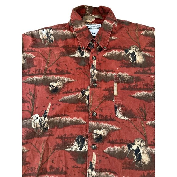 COLUMBIA RIVER LODGE LONG SLEEVE DOG/DUCK AOP RED BUTTON UP MENS LARGE |‎ E2 - Picture 6 of 7
